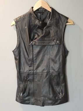 Kenna T Asymmetrical Fitted Black‎ Leather Moto Vest Biker Womens S
